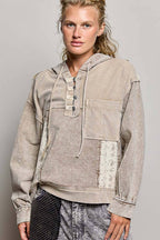 Pol Clothing - Mixed-Texture Patchwork Henley Button Patch Hoodie