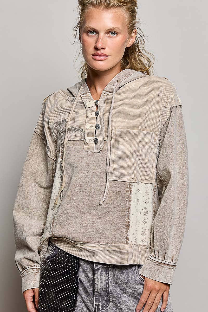 Pol Clothing - Mixed-Texture Patchwork Henley Button Patch Hoodie