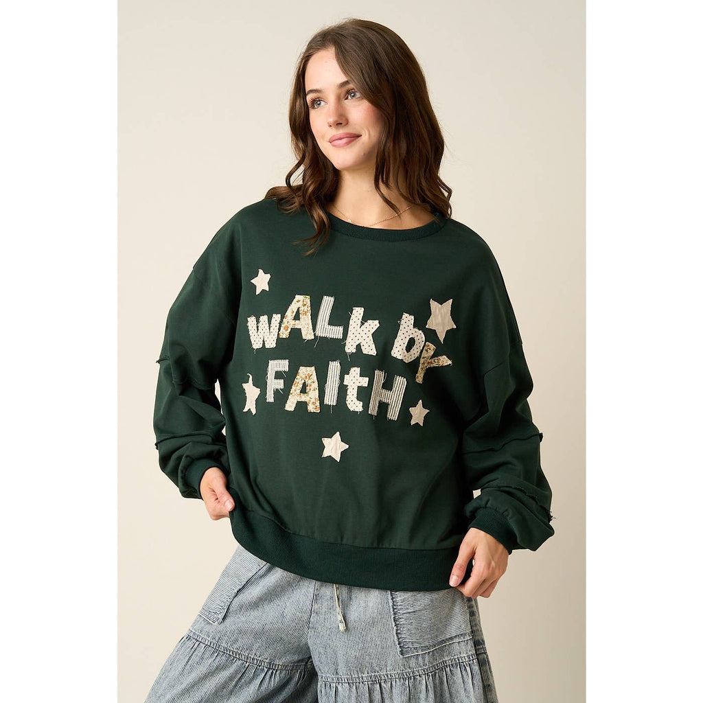 WALK BY FAITH PATCHWORK LETTERING SWEATSHIRT