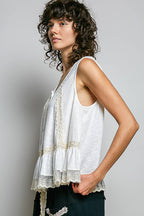 Pol Clothing - Metal Button Down Lace Trim Ruffle Round Neck Sleeveless