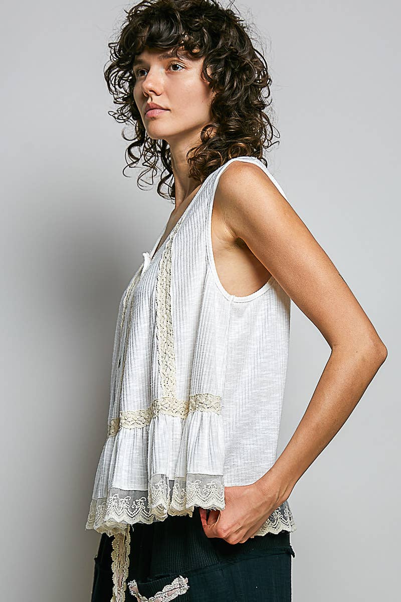 Pol Clothing - Metal Button Down Lace Trim Ruffle Round Neck Sleeveless
