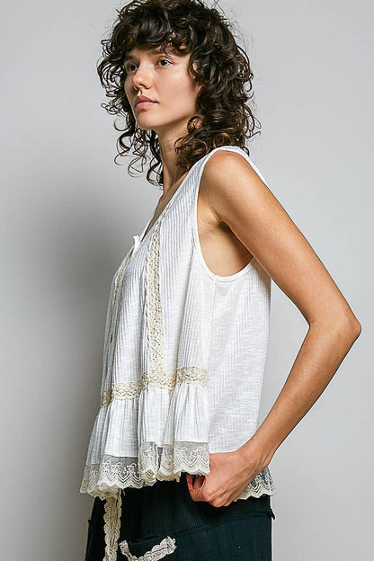 Pol Clothing - Metal Button Down Lace Trim Ruffle Round Neck Sleeveless