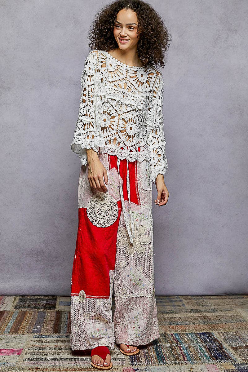 Alexus Round Neck 3/4 Sleeve Crochet Cropped Top