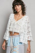 Pol Clothing - V-neck Short Sleeve Crochet Floral Lace Cardigan