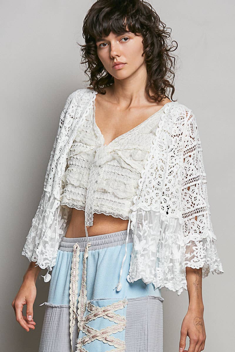 Pol Clothing - V-neck Short Sleeve Crochet Floral Lace Cardigan