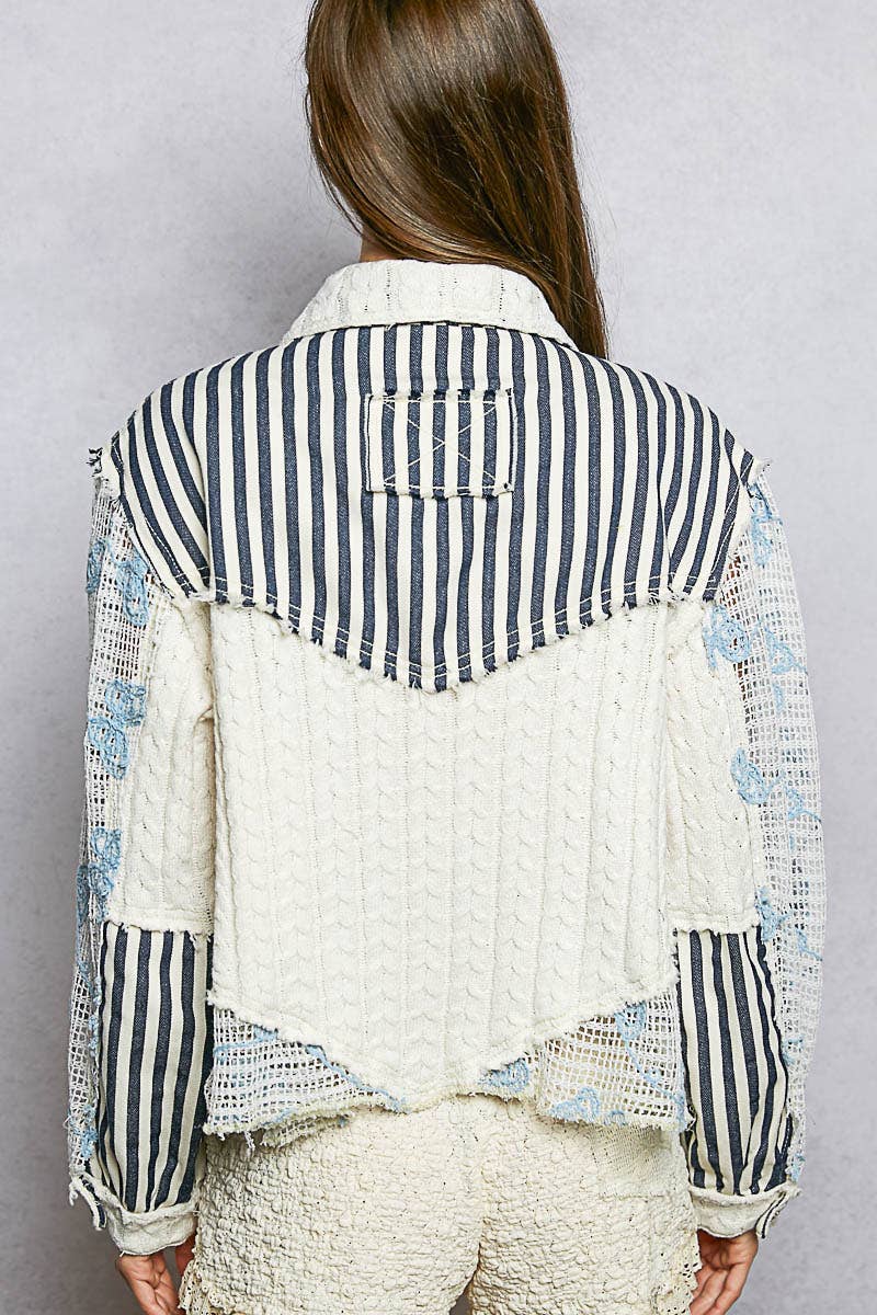 Pol Clothing - Cable Knit Lace Patchwork Woven Long Sleeve Shirt Top