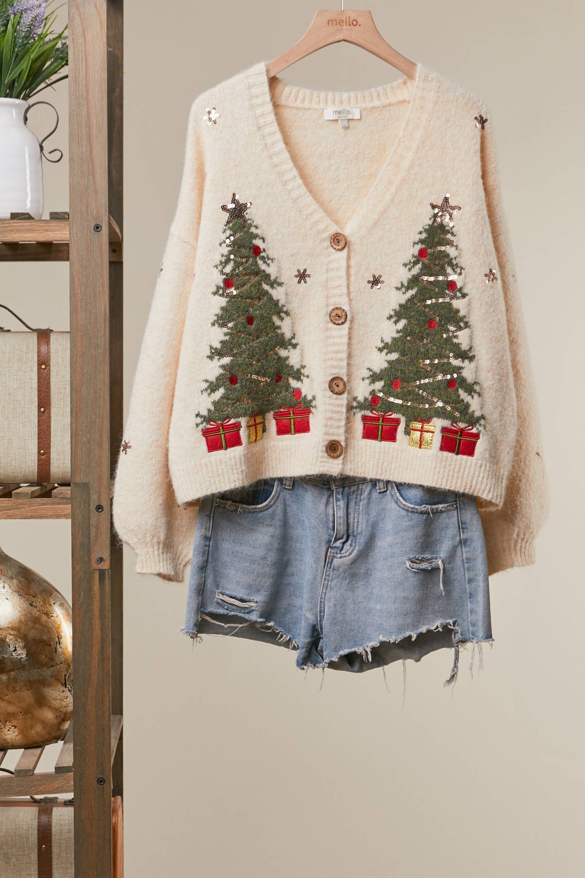 Mello. - Christmas Tree Embroidered Soft Cardigan