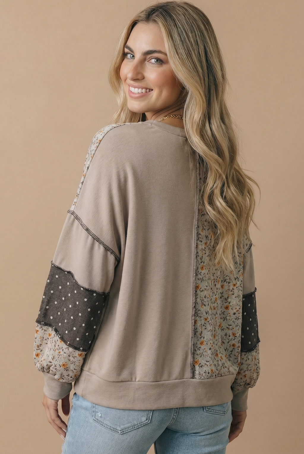 Haptics - Round Neck Mixed Print Patchwork Pullover