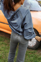 Lace Patched Detail Notch Neck Mineral Wash Baggy Sweatshirt