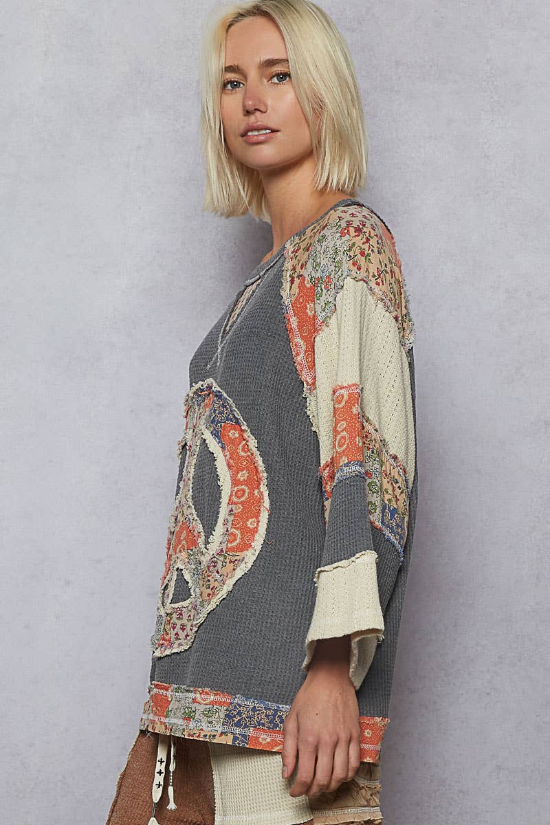 Pol Clothing - Round neck printed peace patch overlock stitch knit top