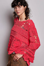 Pol Clothing - Textured Stitch Scalloped Trim Crochet Knit Sweater Top