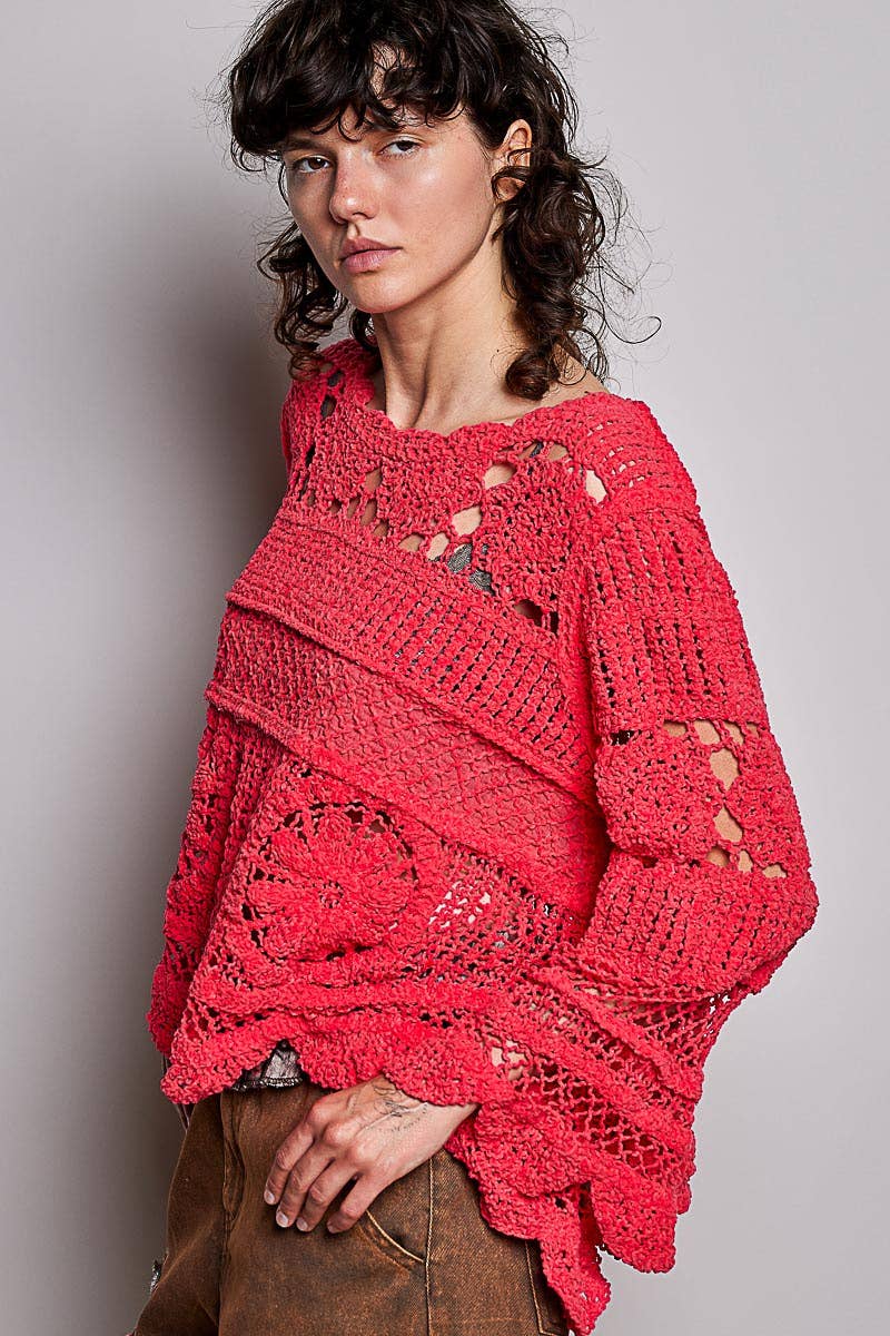 Pol Clothing - Textured Stitch Scalloped Trim Crochet Knit Sweater Top