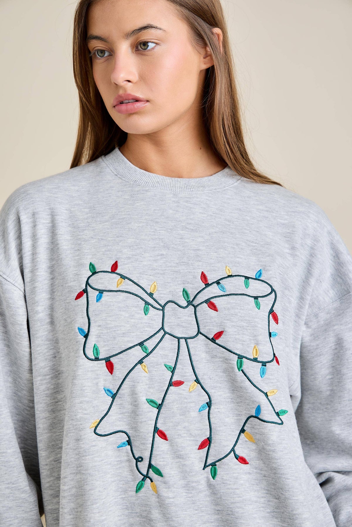 Grey Holiday Sweatshirt with Bow Christmas Lights embroidery