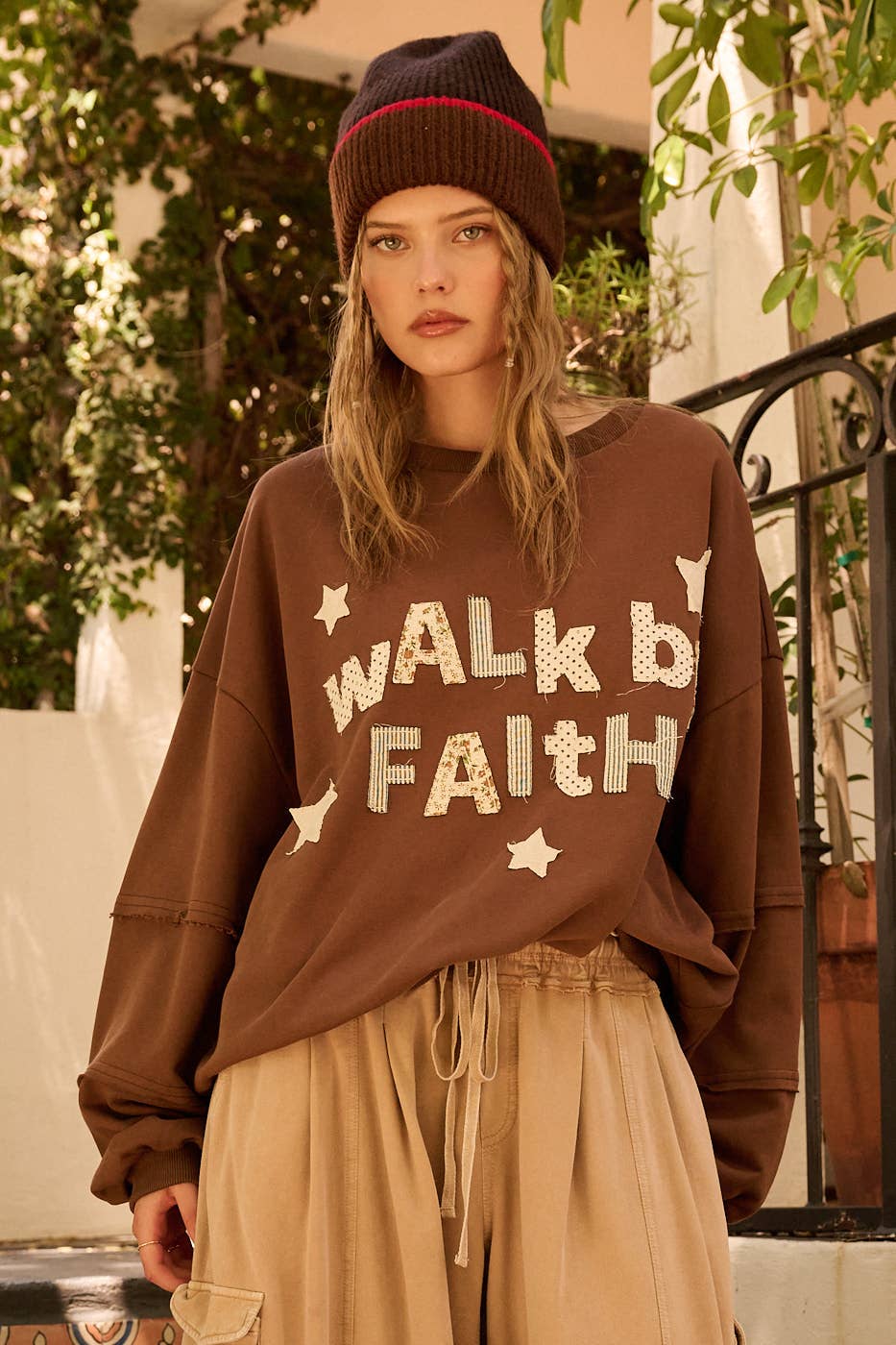 WALK BY FAITH PATCHWORK LETTERING SWEATSHIRT