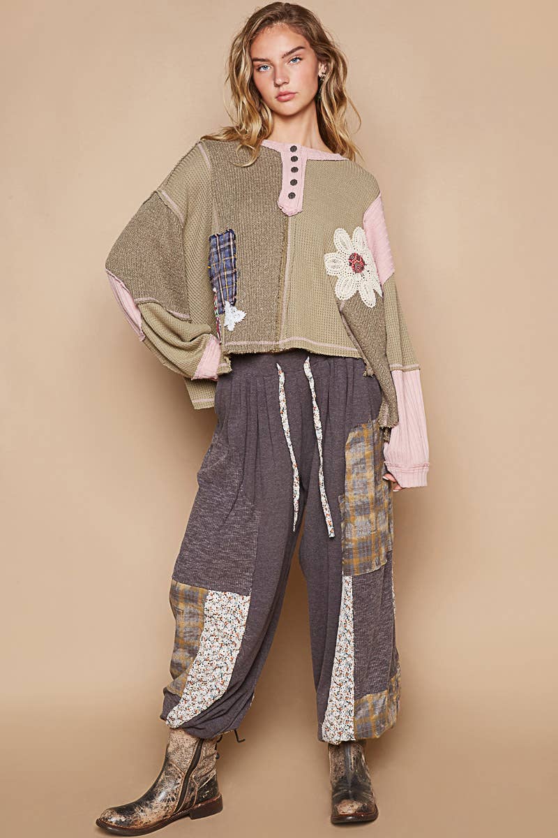Pol Clothing - Round neck cut and sew patch oversized knit top