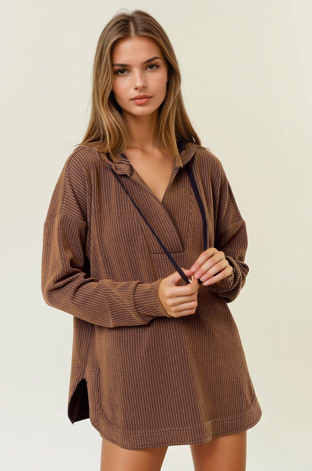 Doe and Rae - Stripe V-Neckline Long Sleeve Hooded Sweatshirt - 44627T