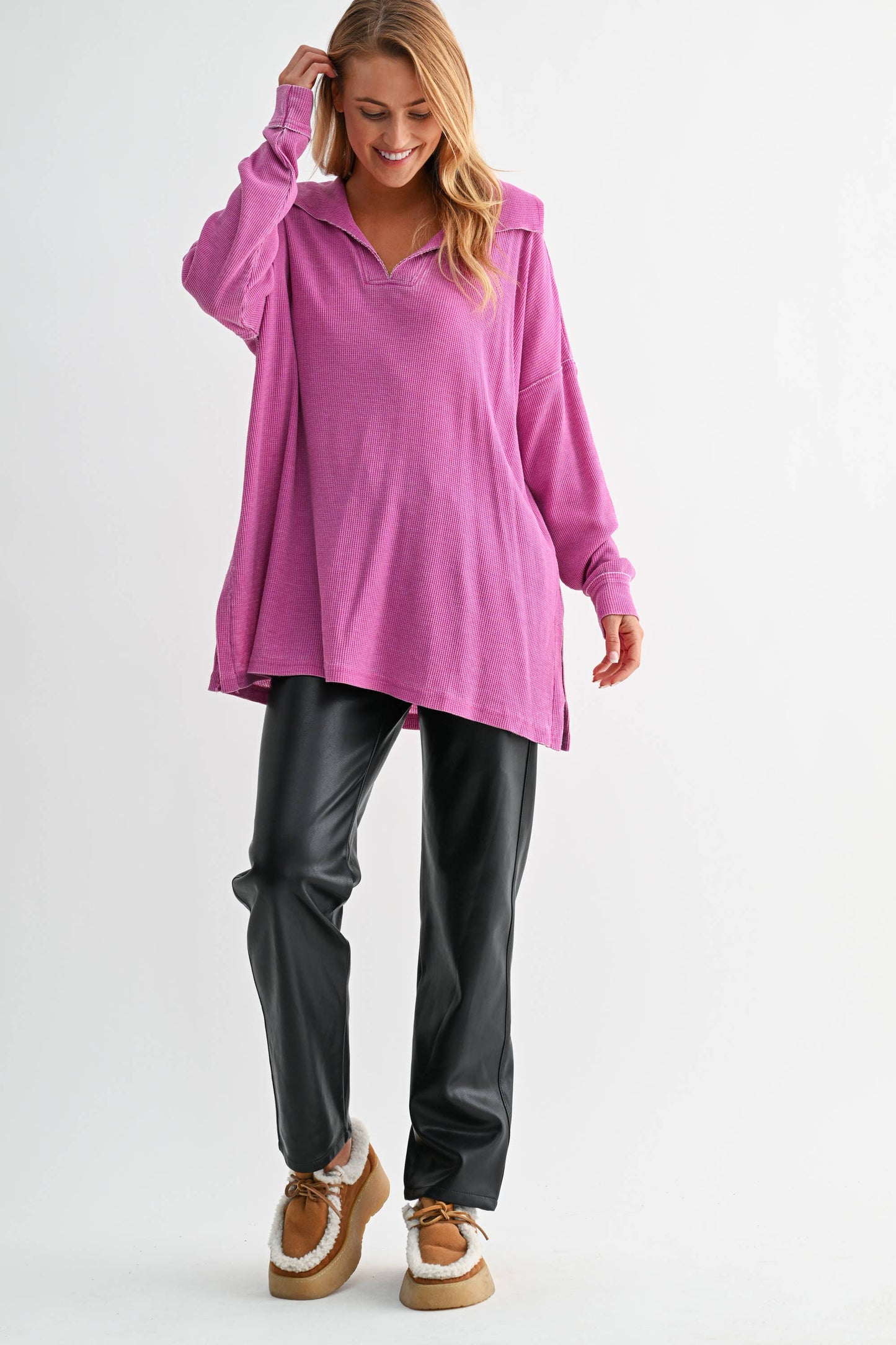 Cotton Blend Waffle Knit Oversized Collared Long Sleeve