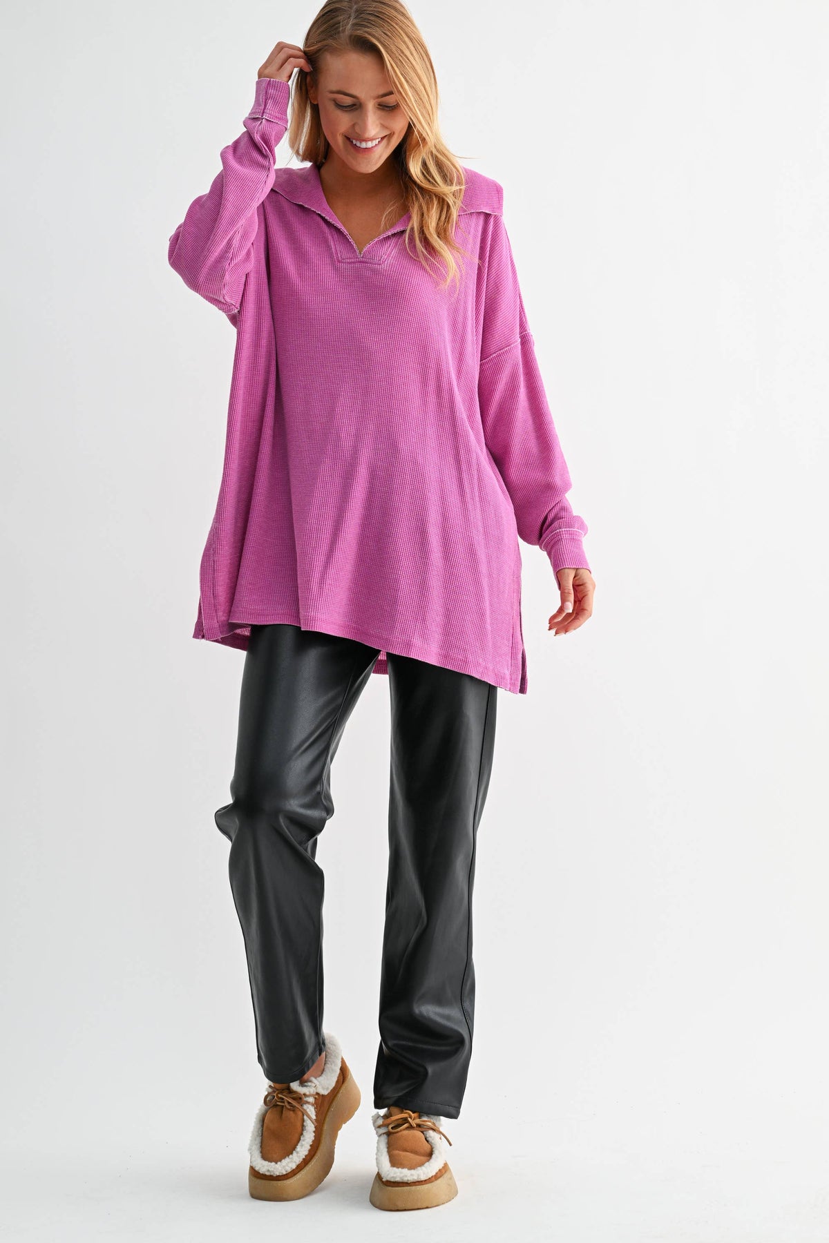 Cotton Blend Waffle Knit Oversized Collared Long Sleeve