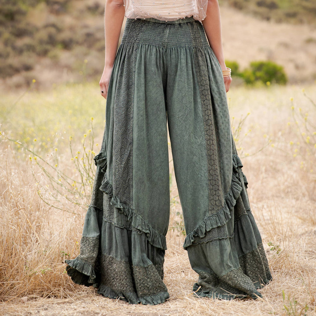 Young Threads - Boho Smocked Mineral Wash Lace Tiered Ruffle Pants NEW