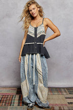 Pol Clothing - Double Gauze Denim Lace Patch Outseam Round Neck Sleeveless