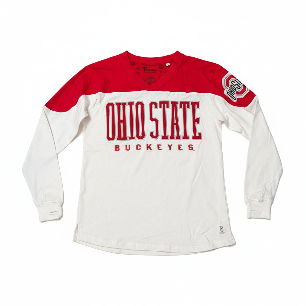 Ohio State Buckeyes Southlawn Daphne LS Vee-Neck Oversized Pierced T-Shirt