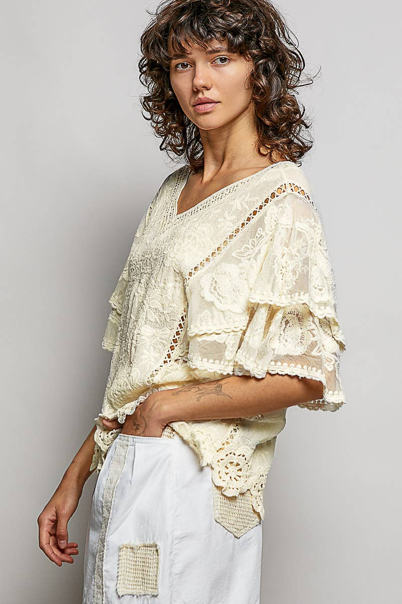 Pol Clothing - V-neck Short Sleeve Crochet Trim Solid Top