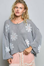 Pol Clothing - Round Neck Balloon Sleeve Floral Print Thin Sweater