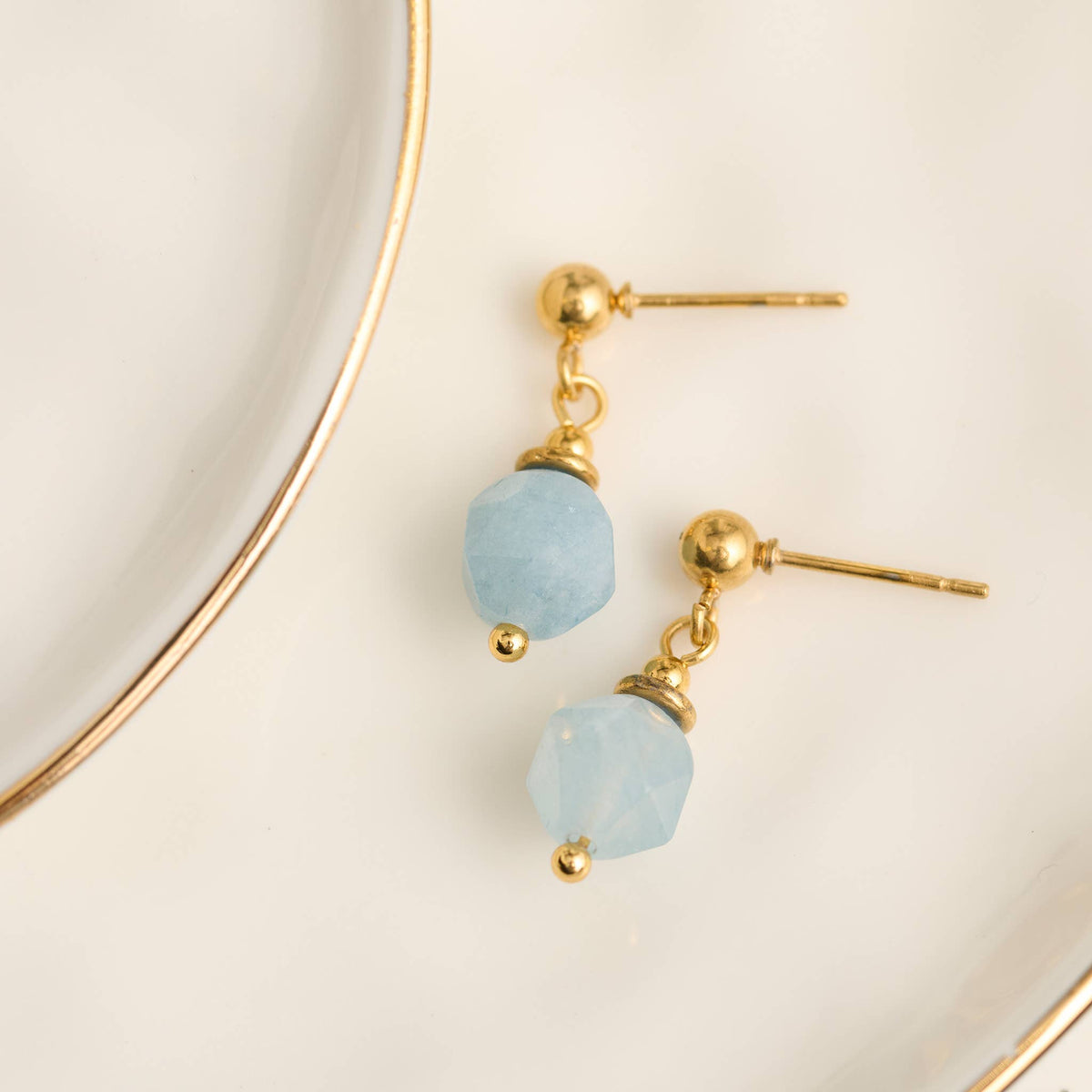 Howard's - Waterproof Earrings Drop Faceted Aquamarine Gold Narelle