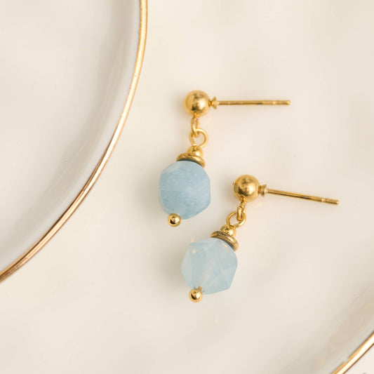 Howard's - Waterproof Earrings Drop Faceted Aquamarine Gold Narelle