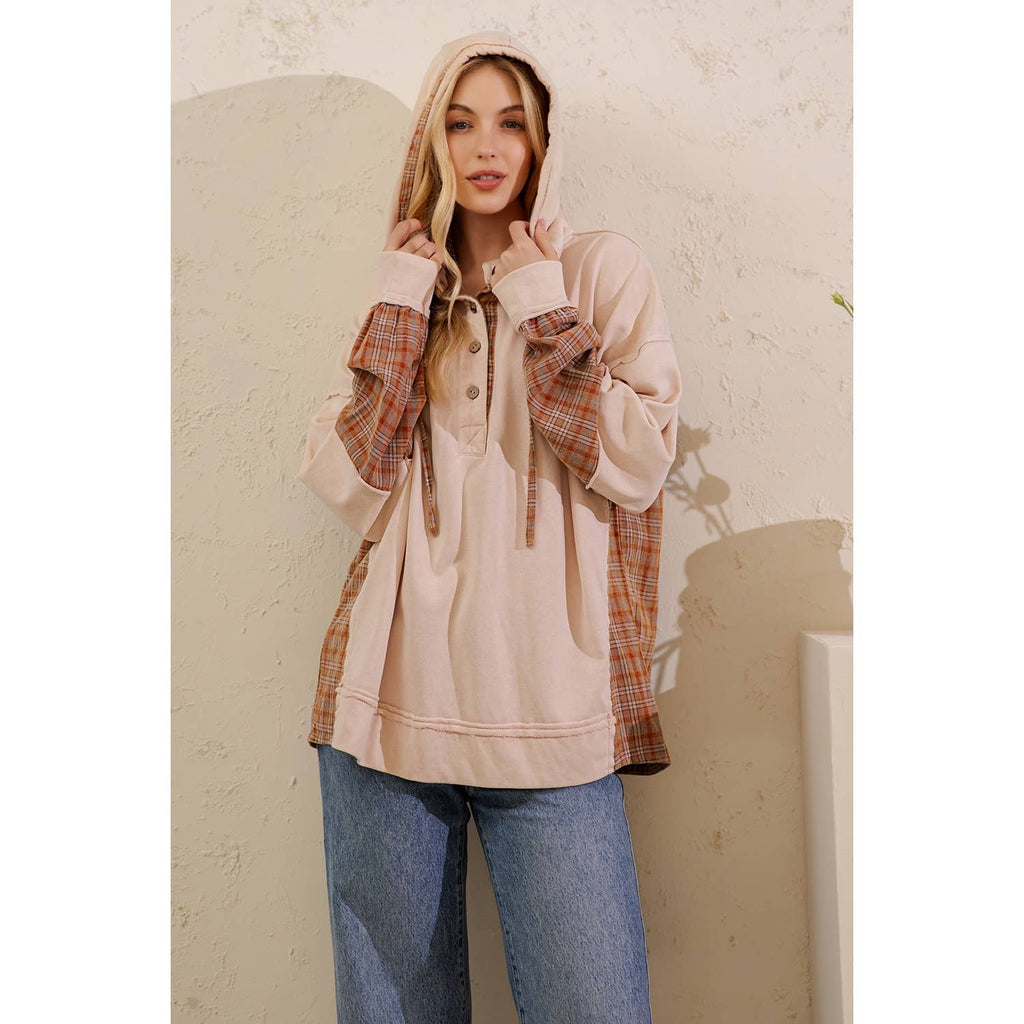 Sage + Fig - PLAID MIXED-MEDIA HOODIE PULLOVER