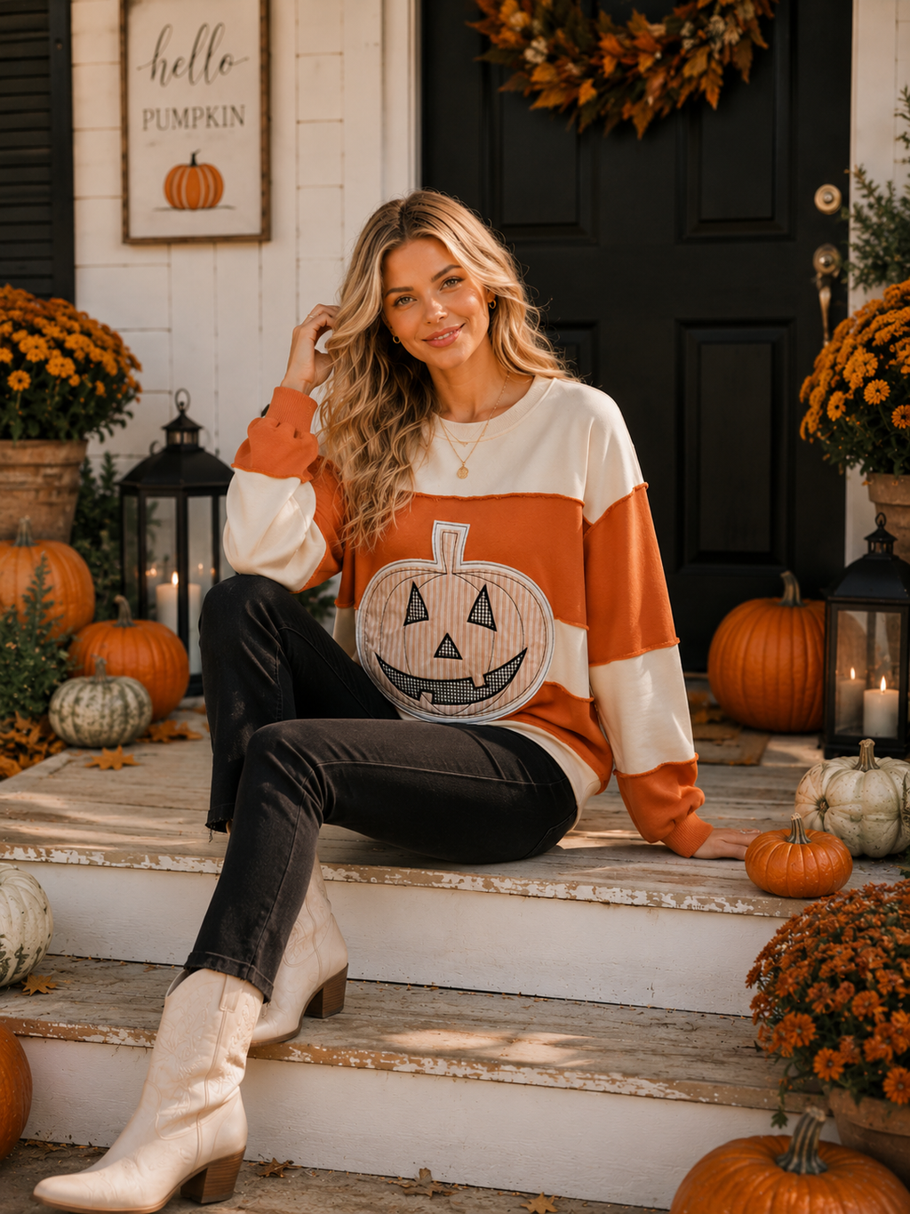Main Strip - Pumpkin Appliqué Color Block Pullover