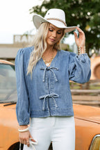 Tied Front Long Puff Sleeve Denim Top