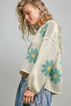 Pol Clothing - Round Neck Balloon Sleeve Floral Print Thin Sweater