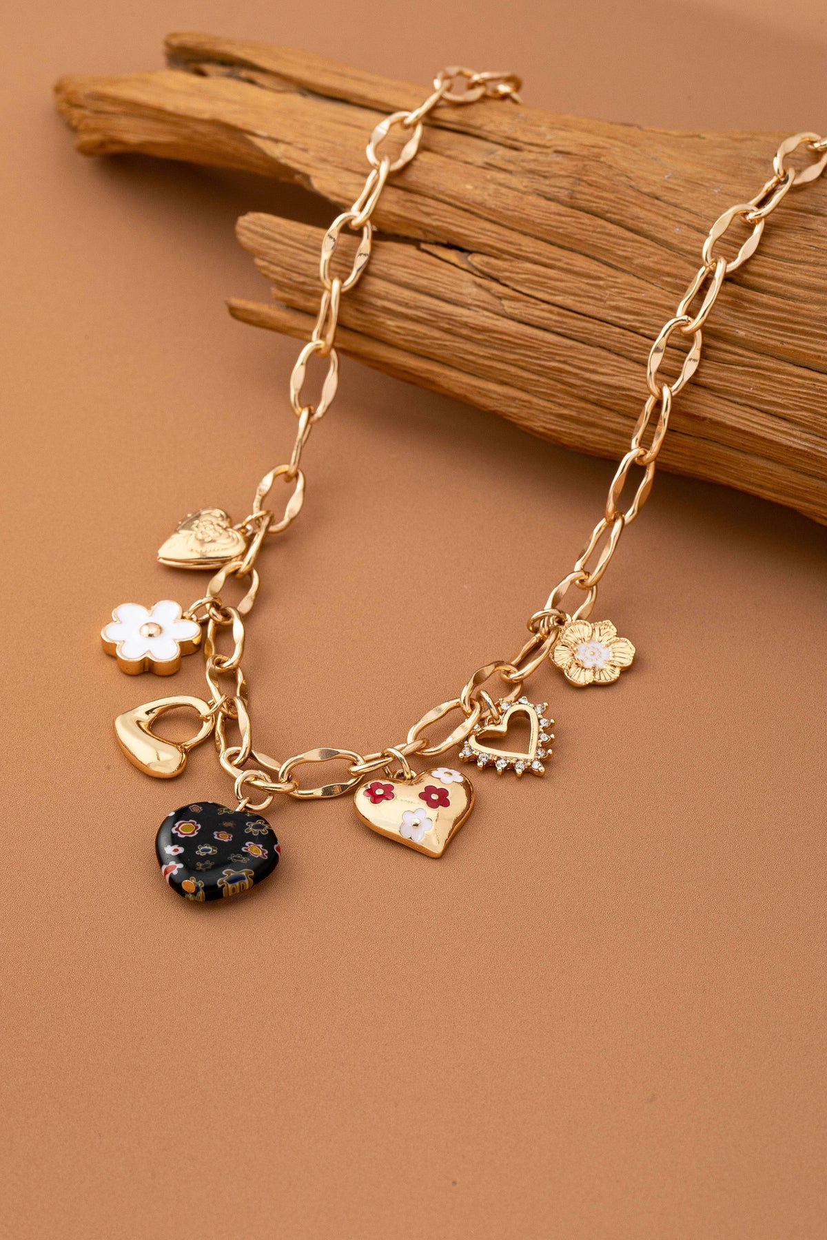 CHARM NECKLACE-HEARTS FLOWER  RHINESTONE