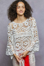 Alexus Round Neck 3/4 Sleeve Crochet Cropped Top