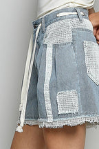 Pol Clothing - Vintage Washing Stripe Solid Crochet Patch Short Wide Pants