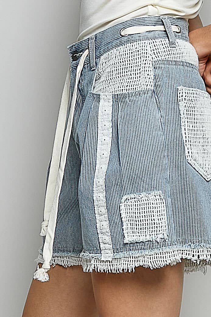 Pol Clothing - Vintage Washing Stripe Solid Crochet Patch Short Wide Pants