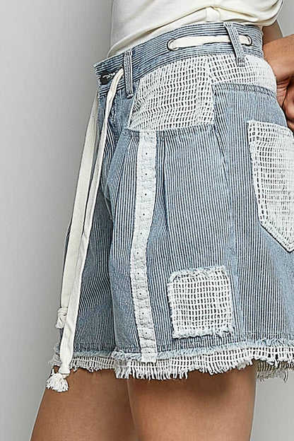 Pol Clothing - Vintage Washing Stripe Solid Crochet Patch Short Wide Pants