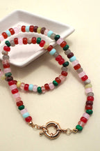 NATURAL STONE CHARM  SPRING CLASP BEADED NECKLACE
