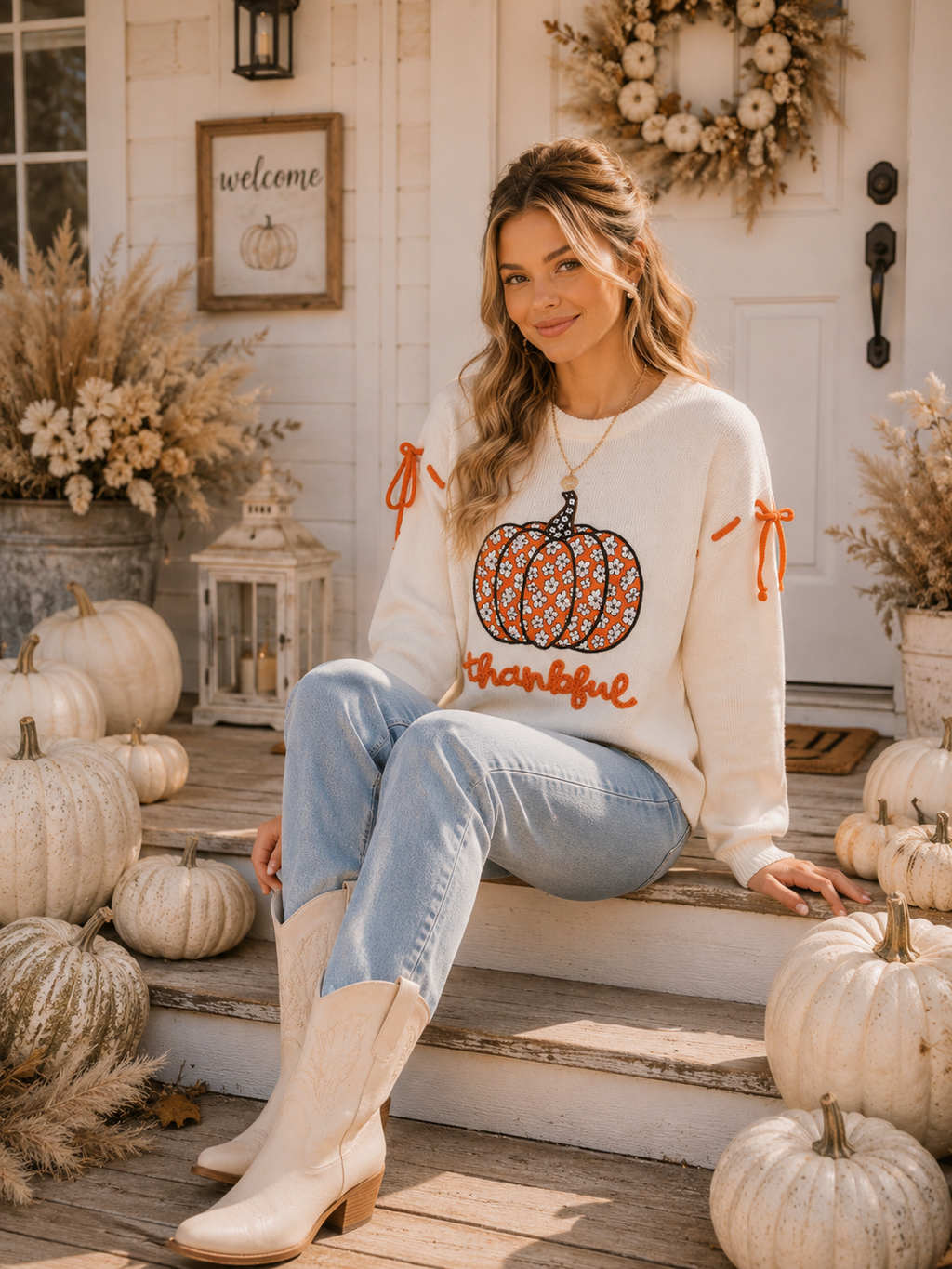 Thankful Pumpkin Graphic Tie-Sleeve Sweater-Main Strip