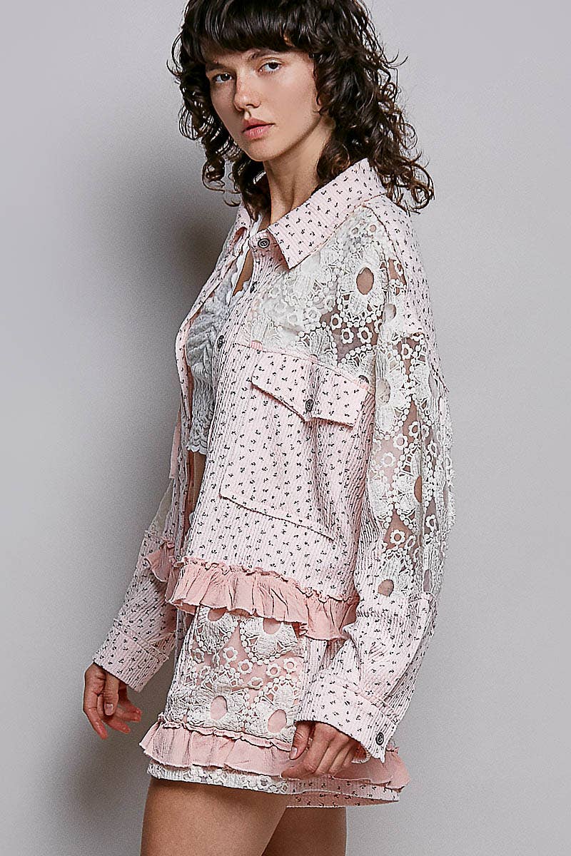 Pol Clothing - Floral Knit Balloon Sleeve Lace Patch Jacket Top