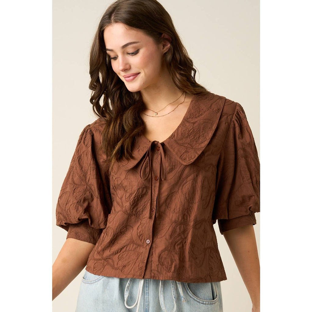 mittoshop - EMBROIDERED PETER PAN COLLAR PUFF SLEEVE BLOUSE