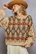 Pol Clothing - Scoop neck Aztec pattern 3D floral detail sweater top