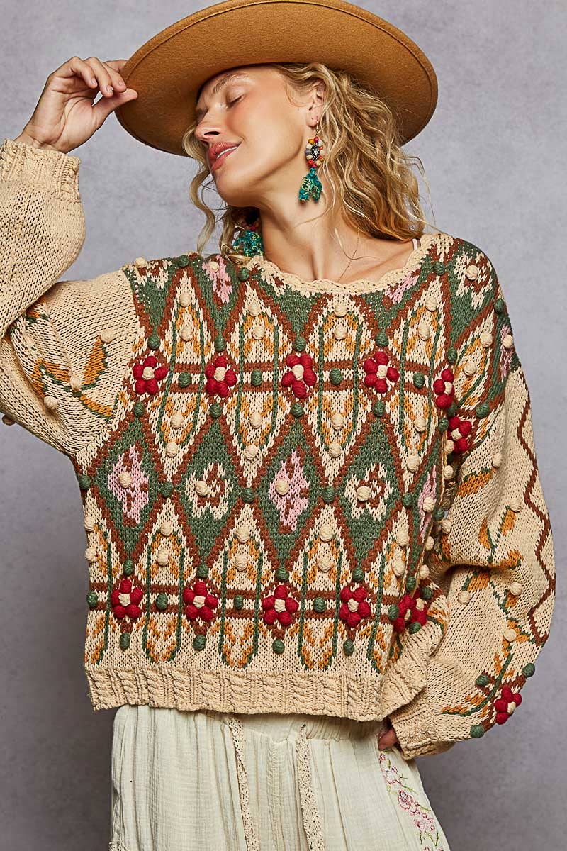 Pol Clothing - Scoop neck Aztec pattern 3D floral detail sweater top