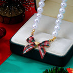 JOSSLYN by wall to wall - Holiday Tartan Plaid Fabric Bow Pearl Necklace | 80N93917