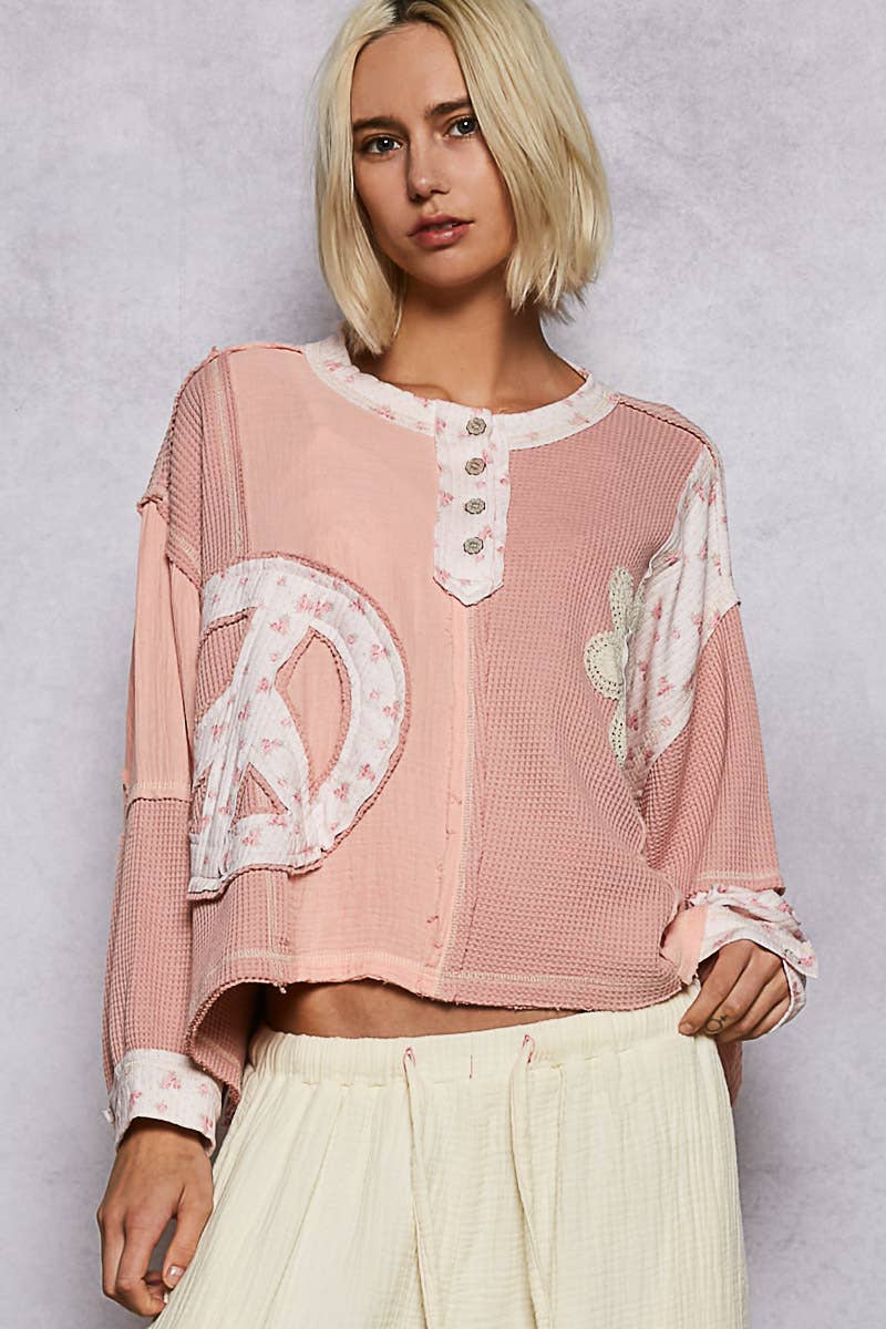 Pol Clothing - Round neck peace patch floral oversized fit knit top
