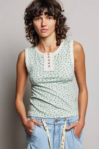 Pol Clothing - Round Neck Sleeveless Ribbed Floral Printed Knit Top