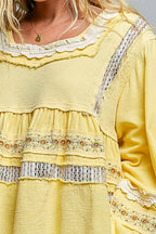 Pol Clothing - Embroidery Lace Contrast Square Neck Long Sleeve top