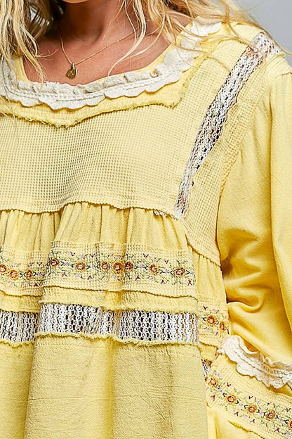 Pol Clothing - Embroidery Lace Contrast Square Neck Long Sleeve top