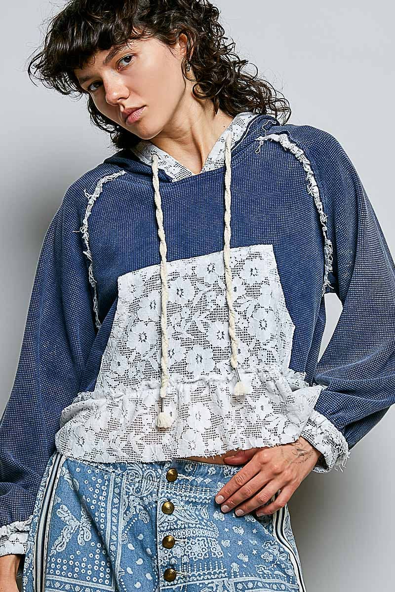 Pol Clothing - Cropped Balloon Sleeves Thermal Knit Lace Casual Hoodie